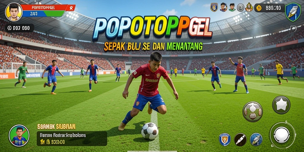 Tampilan gameplay seru dari POPOTOPGEL yang menggambarkan pertandingan sepak bola.